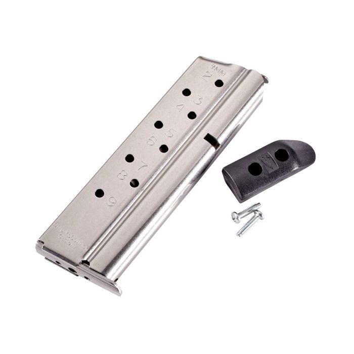 Match Grade Full Size 1911 9 round 9mm Luger Stainless with Base Pad magazine